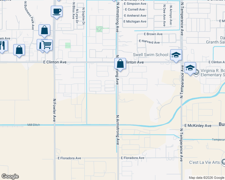 map of restaurants, bars, coffee shops, grocery stores, and more near 6446 East Meritage Drive in Fresno