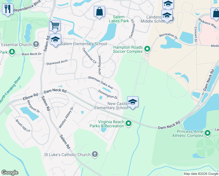 map of restaurants, bars, coffee shops, grocery stores, and more near 3869 Sherman Oaks Avenue in Virginia Beach