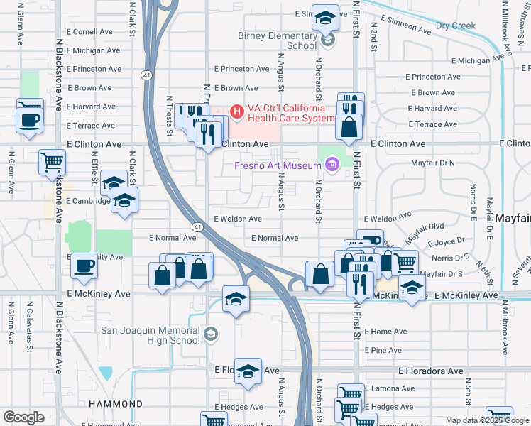 map of restaurants, bars, coffee shops, grocery stores, and more near 2759 East Weldon Avenue in Fresno