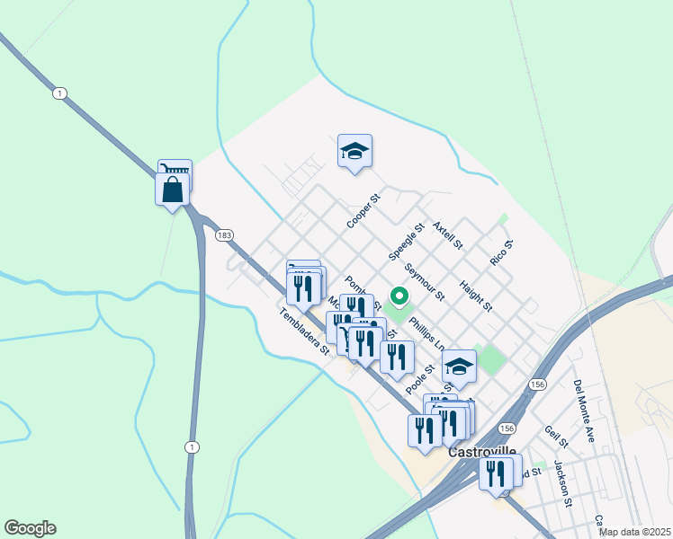map of restaurants, bars, coffee shops, grocery stores, and more near 10472 Pomber Street in Castroville