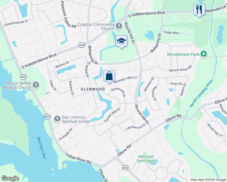 map of restaurants, bars, coffee shops, grocery stores, and more near 3828 Sterncroft Drive in Virginia Beach