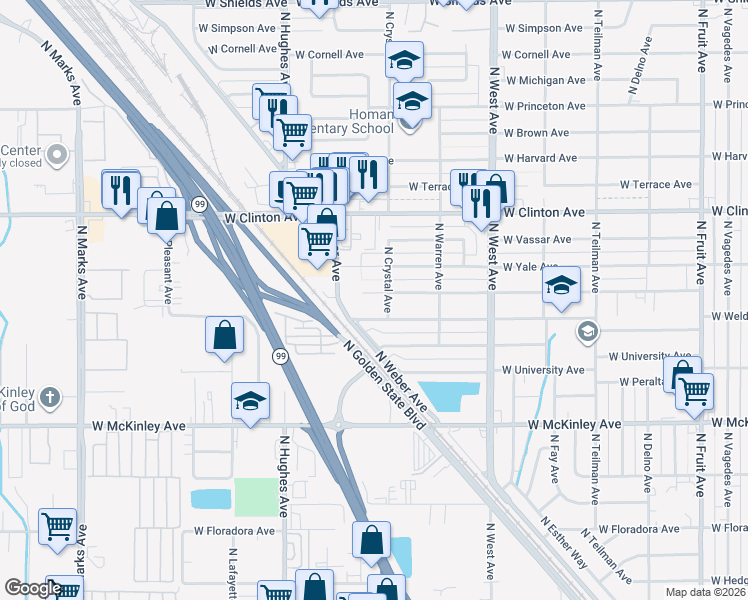 map of restaurants, bars, coffee shops, grocery stores, and more near 1734 West Cambridge Avenue in Fresno