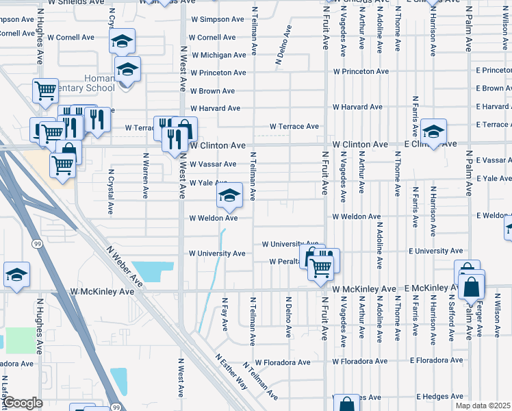map of restaurants, bars, coffee shops, grocery stores, and more near 850 West Cambridge Avenue in Fresno