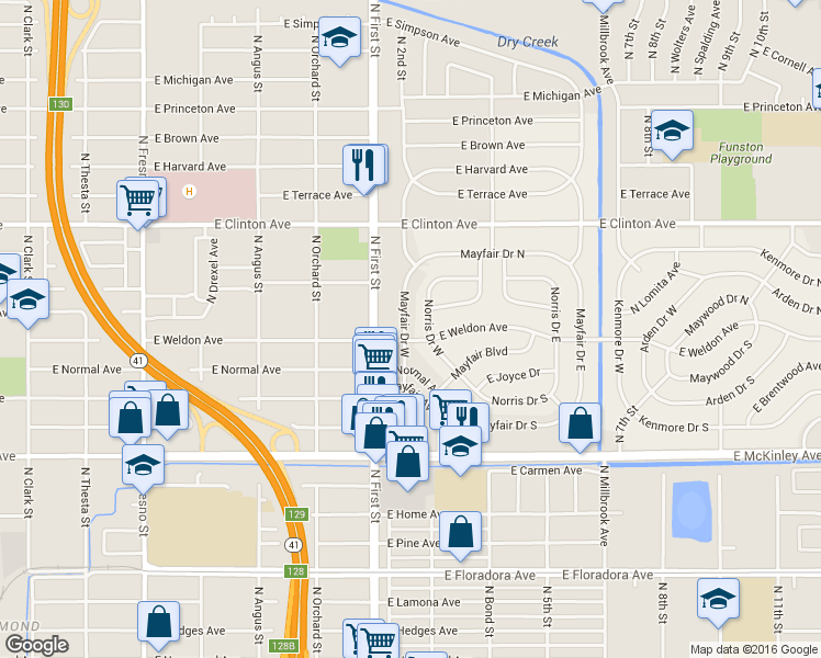 map of restaurants, bars, coffee shops, grocery stores, and more near 2043 Norris Drive East in Fresno
