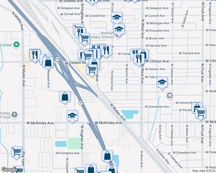 map of restaurants, bars, coffee shops, grocery stores, and more near 1734 West Cambridge Avenue in Fresno