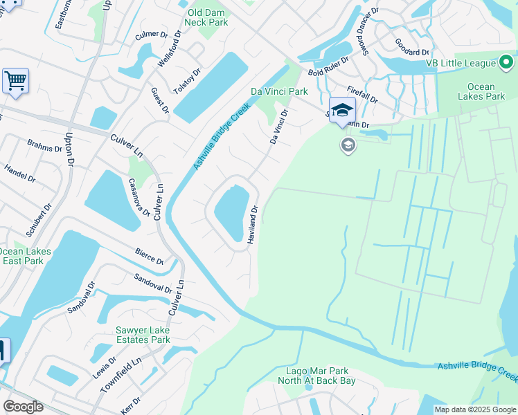 map of restaurants, bars, coffee shops, grocery stores, and more near 1844 Haviland Drive in Virginia Beach