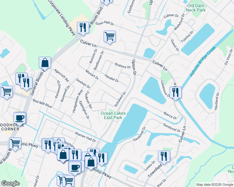 map of restaurants, bars, coffee shops, grocery stores, and more near 2008 Handel Court in Virginia Beach