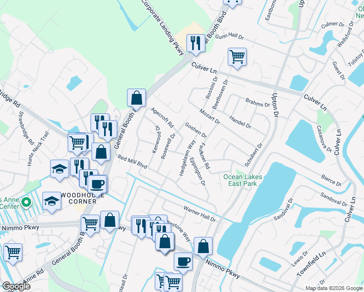 map of restaurants, bars, coffee shops, grocery stores, and more near 2089 Agecroft Road in Virginia Beach