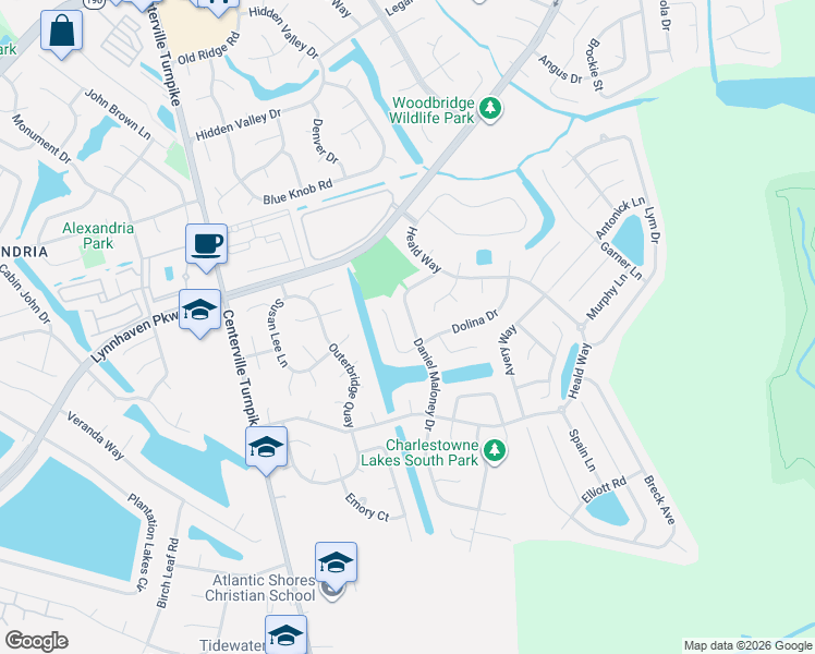 map of restaurants, bars, coffee shops, grocery stores, and more near 941 Daniel Maloney Drive in Virginia Beach