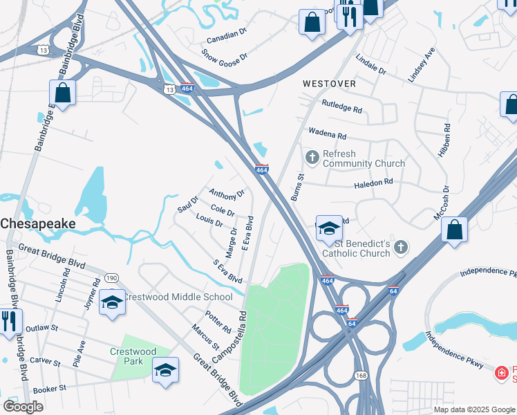map of restaurants, bars, coffee shops, grocery stores, and more near 1315 East Eva Boulevard in Chesapeake