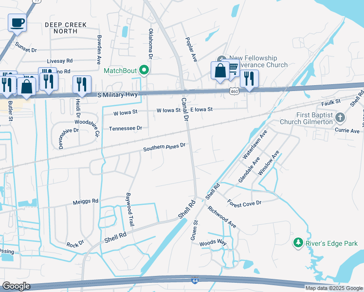 map of restaurants, bars, coffee shops, grocery stores, and more near 2540 Southern Pines Drive in Chesapeake
