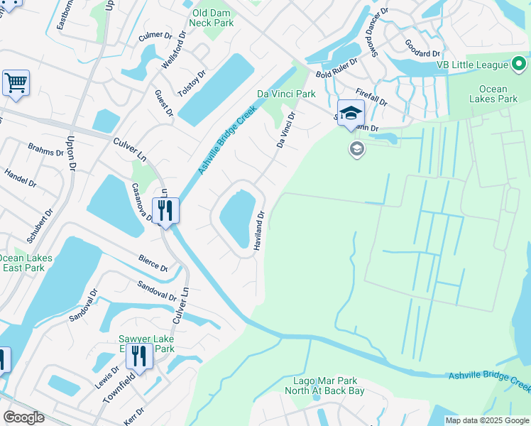 map of restaurants, bars, coffee shops, grocery stores, and more near 1844 Haviland Drive in Virginia Beach