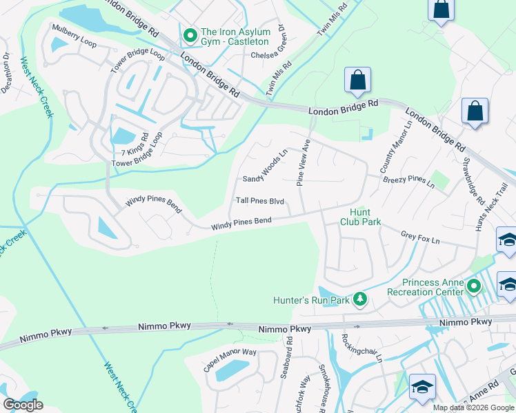 map of restaurants, bars, coffee shops, grocery stores, and more near 2132 Tall Pines Bend in Virginia Beach