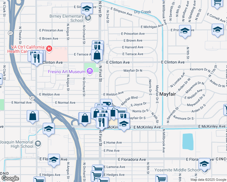 map of restaurants, bars, coffee shops, grocery stores, and more near 2013 Norris Drive West in Fresno