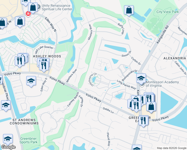 map of restaurants, bars, coffee shops, grocery stores, and more near 1403 Otterbourne Court in Chesapeake
