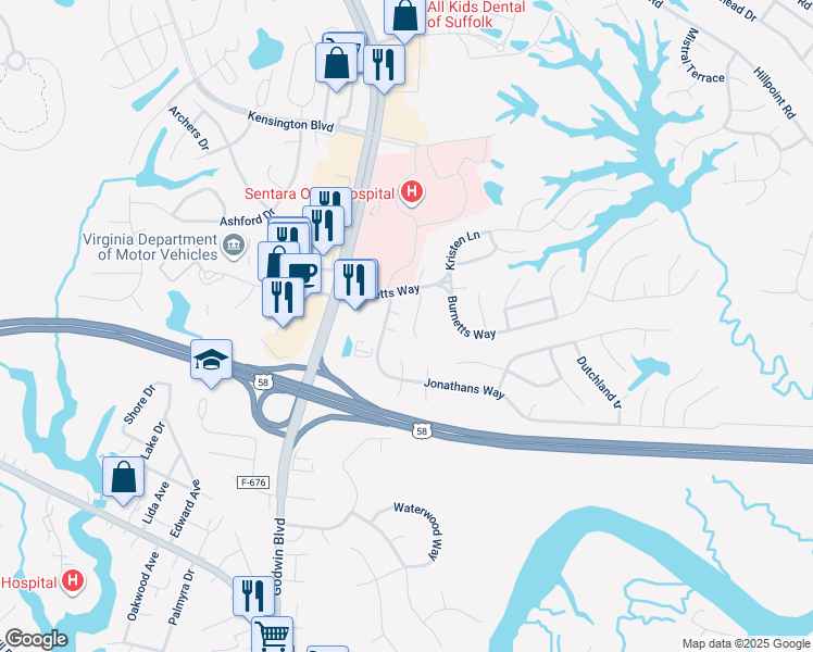 map of restaurants, bars, coffee shops, grocery stores, and more near 112 Burnetts Court in Suffolk