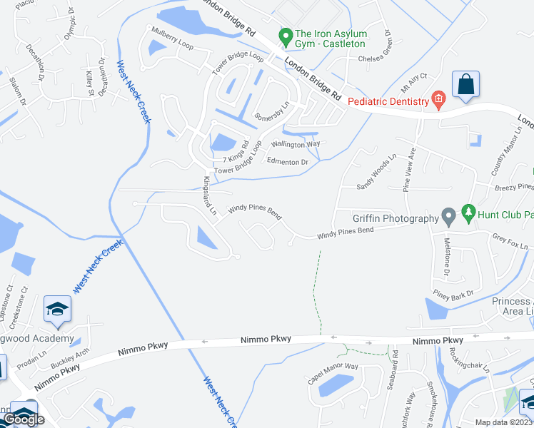 map of restaurants, bars, coffee shops, grocery stores, and more near 2524 Windy Pines Bend in Virginia Beach