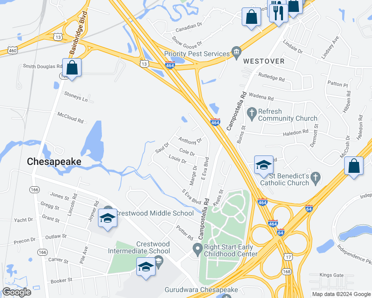 map of restaurants, bars, coffee shops, grocery stores, and more near 1425 Cole Drive in Chesapeake