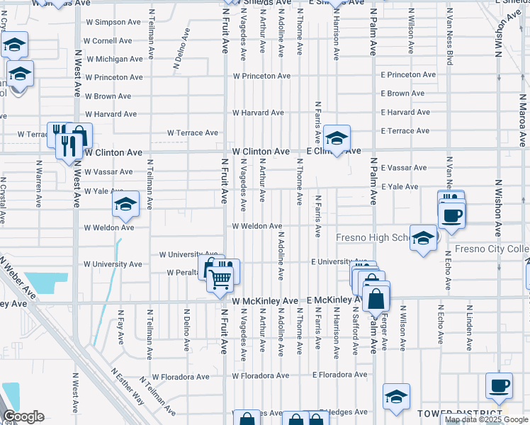 map of restaurants, bars, coffee shops, grocery stores, and more near 2111 North Arthur Avenue in Fresno