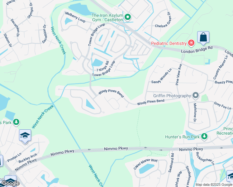 map of restaurants, bars, coffee shops, grocery stores, and more near 2524 Windy Pines Bend in Virginia Beach
