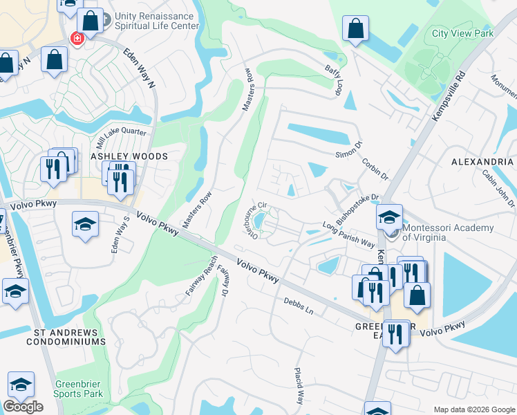map of restaurants, bars, coffee shops, grocery stores, and more near 1403 Otterbourne Court in Chesapeake