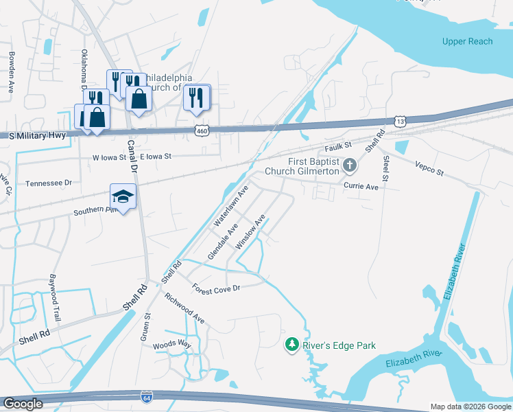 map of restaurants, bars, coffee shops, grocery stores, and more near 1450 Glendale Avenue in Chesapeake