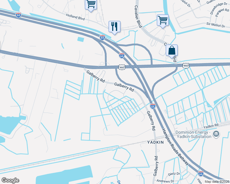 map of restaurants, bars, coffee shops, grocery stores, and more near 3577 Galberry Road in Chesapeake