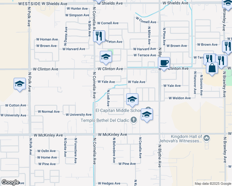 map of restaurants, bars, coffee shops, grocery stores, and more near 4664 West Cambridge Avenue in Fresno
