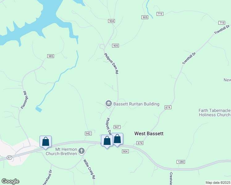 map of restaurants, bars, coffee shops, grocery stores, and more near 437 Philpott Dam Road in Bassett