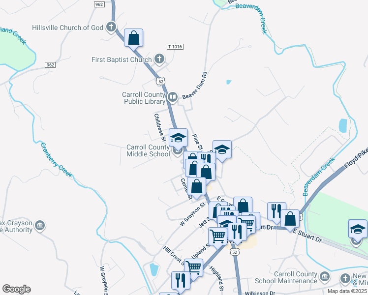 map of restaurants, bars, coffee shops, grocery stores, and more near 1036 North Main Street in Hillsville