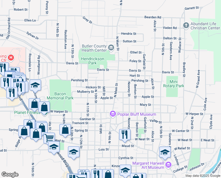 map of restaurants, bars, coffee shops, grocery stores, and more near 918 Hickory Street in Poplar Bluff
