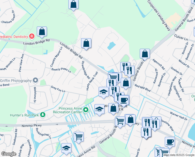 map of restaurants, bars, coffee shops, grocery stores, and more near 2109 Croydon Court in Virginia Beach