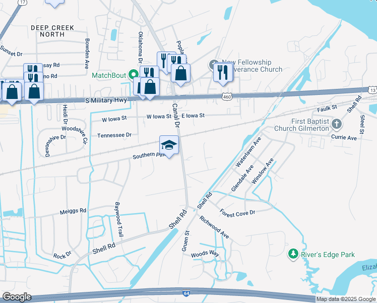 map of restaurants, bars, coffee shops, grocery stores, and more near 737 Canal Drive in Chesapeake
