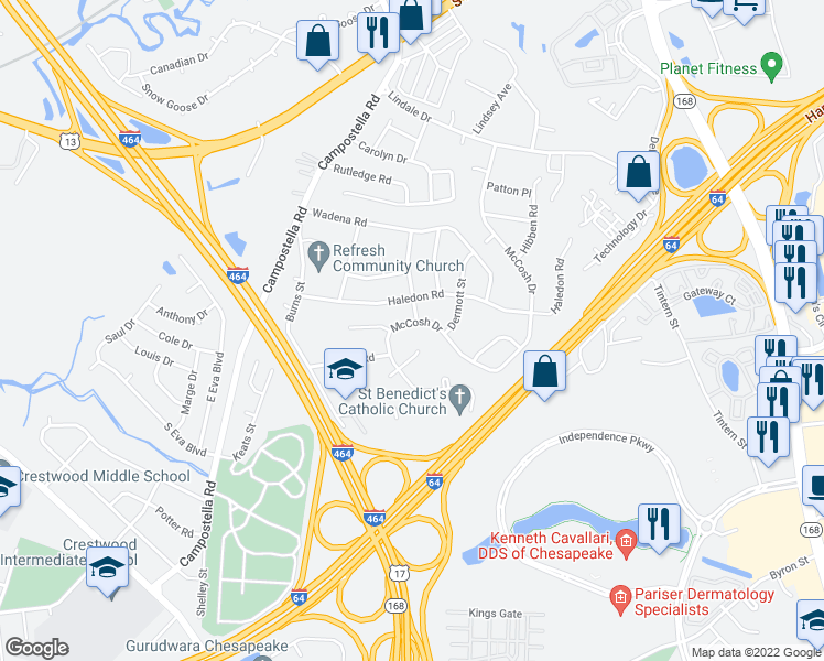 map of restaurants, bars, coffee shops, grocery stores, and more near 420 McCosh Drive in Chesapeake