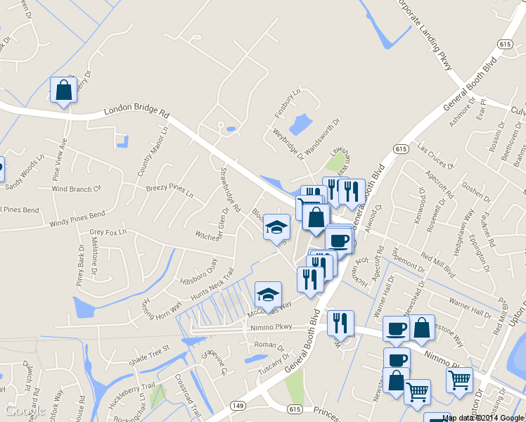 map of restaurants, bars, coffee shops, grocery stores, and more near 2109 Croydon Court in Virginia Beach
