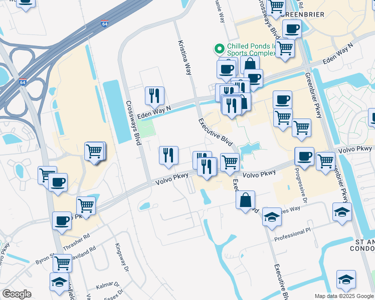 map of restaurants, bars, coffee shops, grocery stores, and more near 500 Volvo Parkway in Chesapeake