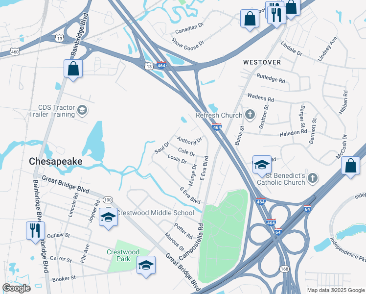 map of restaurants, bars, coffee shops, grocery stores, and more near 1424 Anthony Drive in Chesapeake