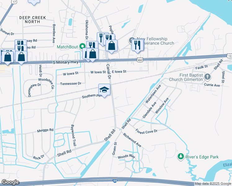map of restaurants, bars, coffee shops, grocery stores, and more near 737 Canal Drive in Chesapeake
