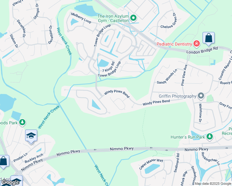 map of restaurants, bars, coffee shops, grocery stores, and more near 2540 Windy Pines Bend in Virginia Beach