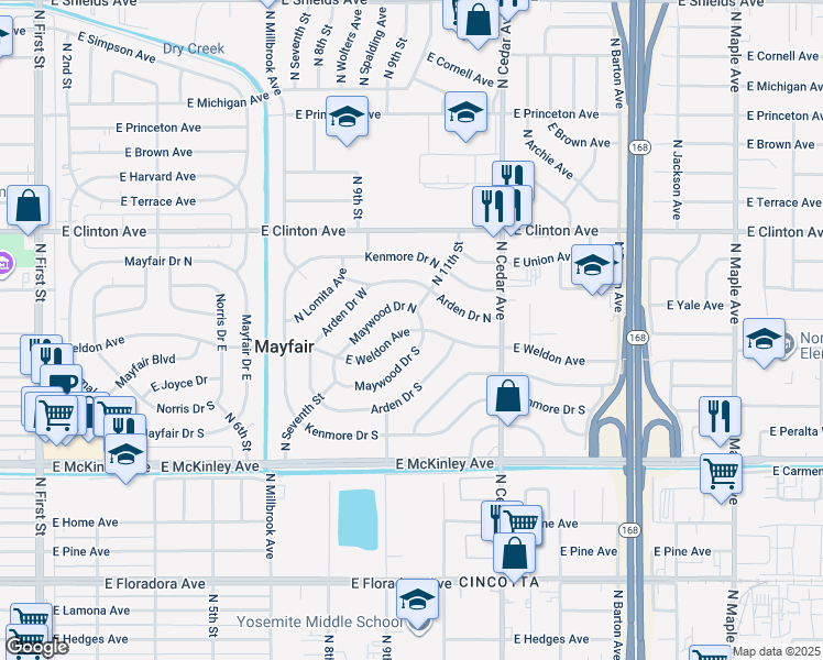 map of restaurants, bars, coffee shops, grocery stores, and more near 3980 East Weldon Avenue in Fresno