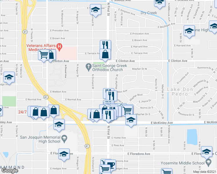 map of restaurants, bars, coffee shops, grocery stores, and more near 2028 North 1st Street in Fresno