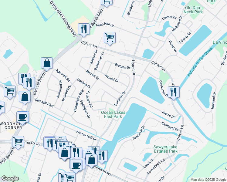 map of restaurants, bars, coffee shops, grocery stores, and more near 1217 Mozart Drive in Virginia Beach
