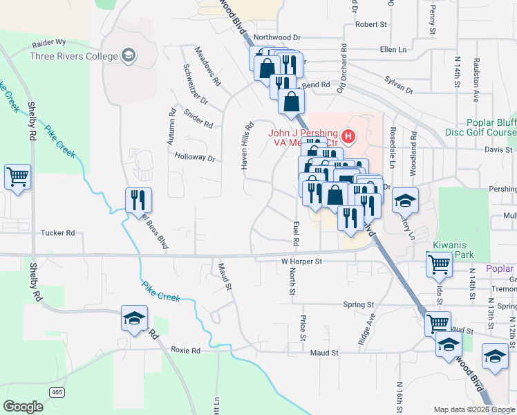 map of restaurants, bars, coffee shops, grocery stores, and more near 1305 Lurlyn Road in Poplar Bluff