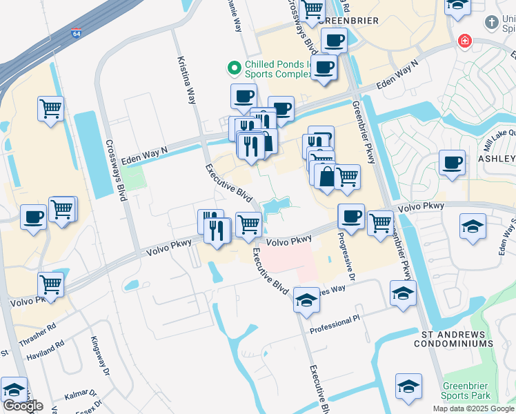 map of restaurants, bars, coffee shops, grocery stores, and more near 1313 Executive Boulevard in Chesapeake