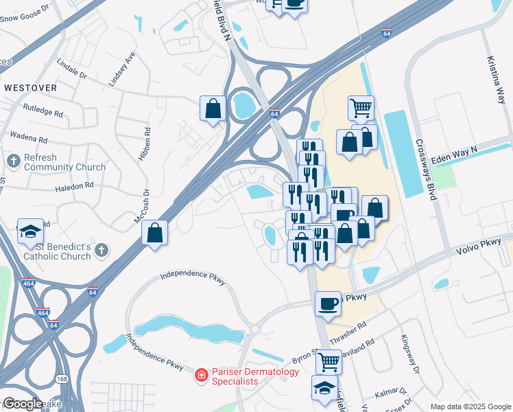 map of restaurants, bars, coffee shops, grocery stores, and more near 1505 Waitsel Drive in Chesapeake