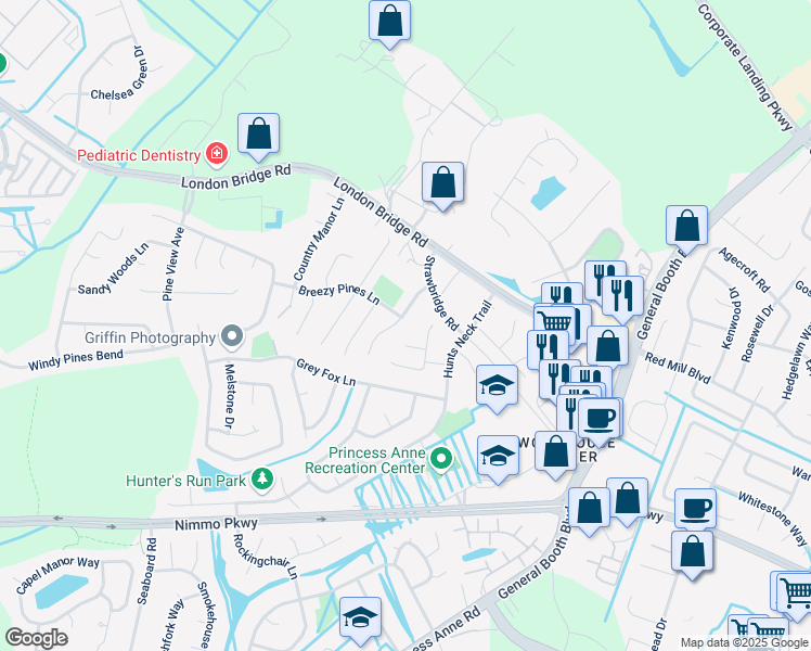 map of restaurants, bars, coffee shops, grocery stores, and more near 2225 Mansion Cross Lane in Virginia Beach