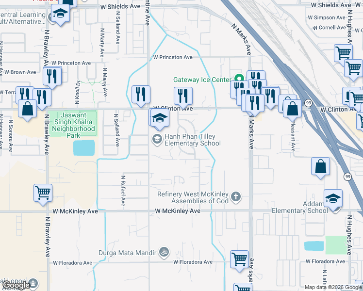 map of restaurants, bars, coffee shops, grocery stores, and more near 2244 North Prospect Avenue in Fresno
