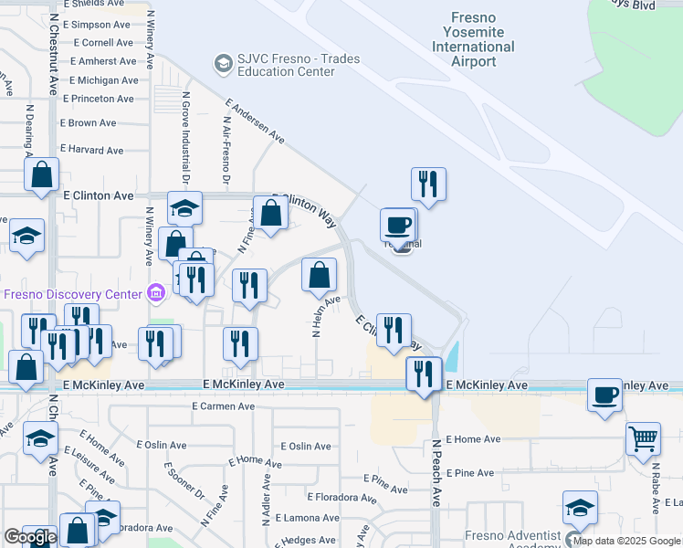 map of restaurants, bars, coffee shops, grocery stores, and more near 5108 East Clinton Way in Fresno