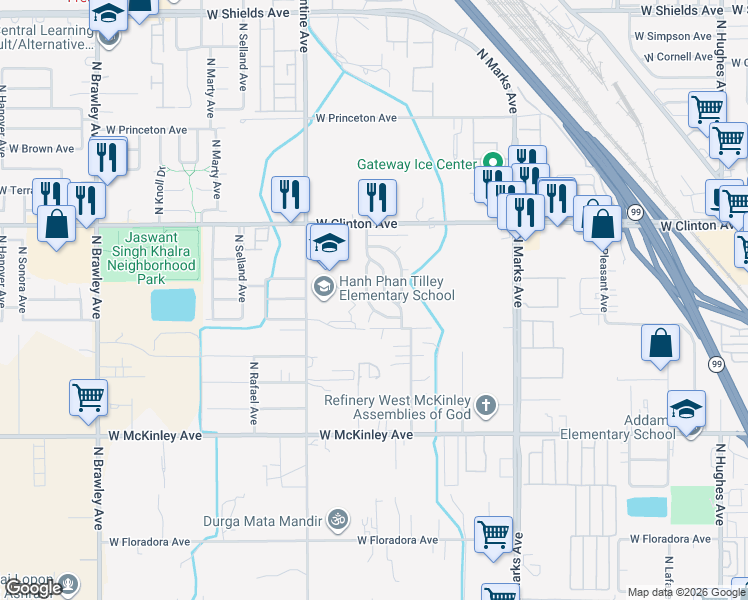 map of restaurants, bars, coffee shops, grocery stores, and more near 2244 North Prospect Avenue in Fresno