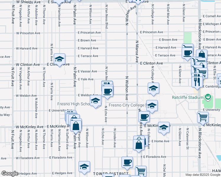 map of restaurants, bars, coffee shops, grocery stores, and more near 616 East Cambridge Avenue in Fresno